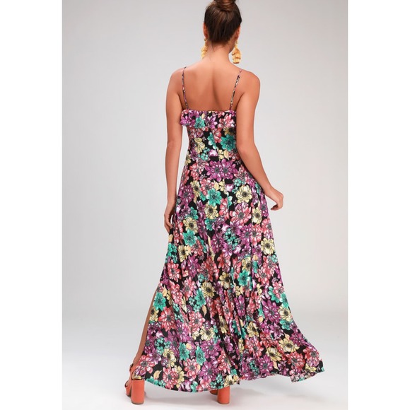 Lulus Dynah women's S Black Floral Print Sleeveless Maxi Dress strap ruffle - Picture 3 of 9